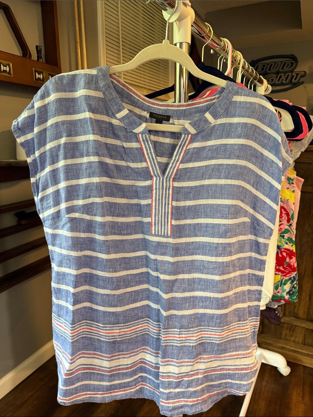 Talbots Blue and White Striped Tunic with Red and white Trim
